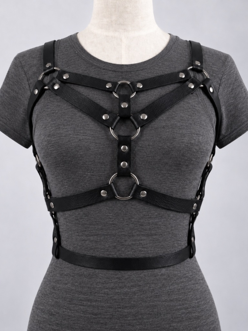 Black PU Leather Body Harness Belt Adjustable O-Ring Strappy One Size